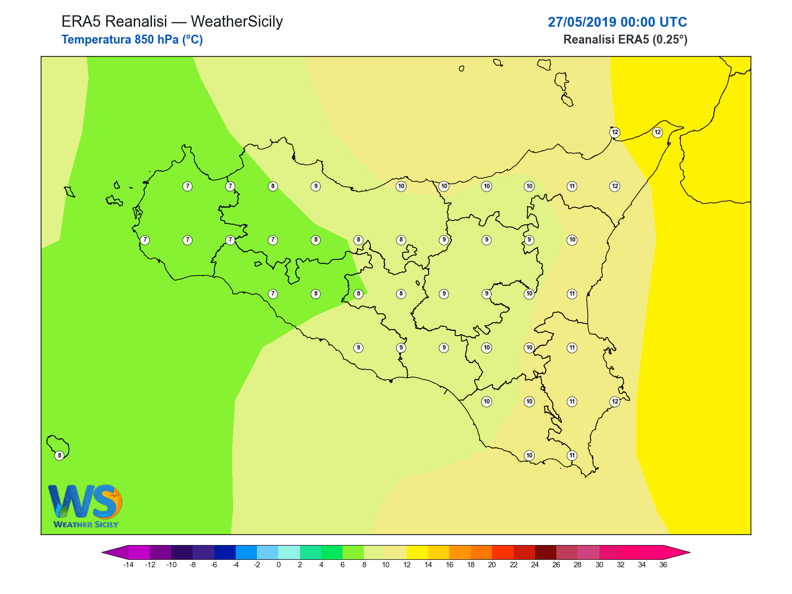 Temperatura a 850 hPa · 2019052700