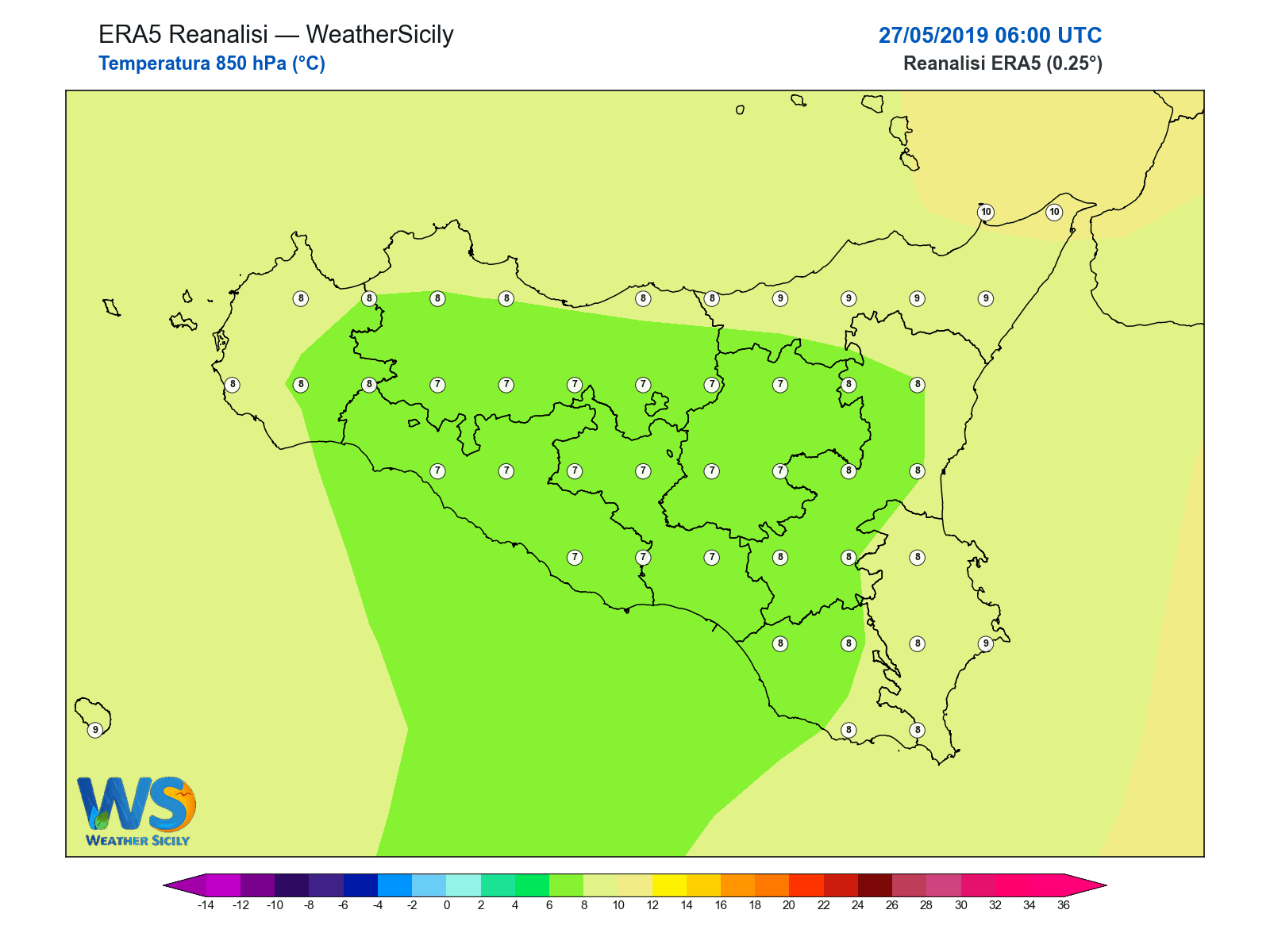 Temperatura a 850 hPa · 2019052706