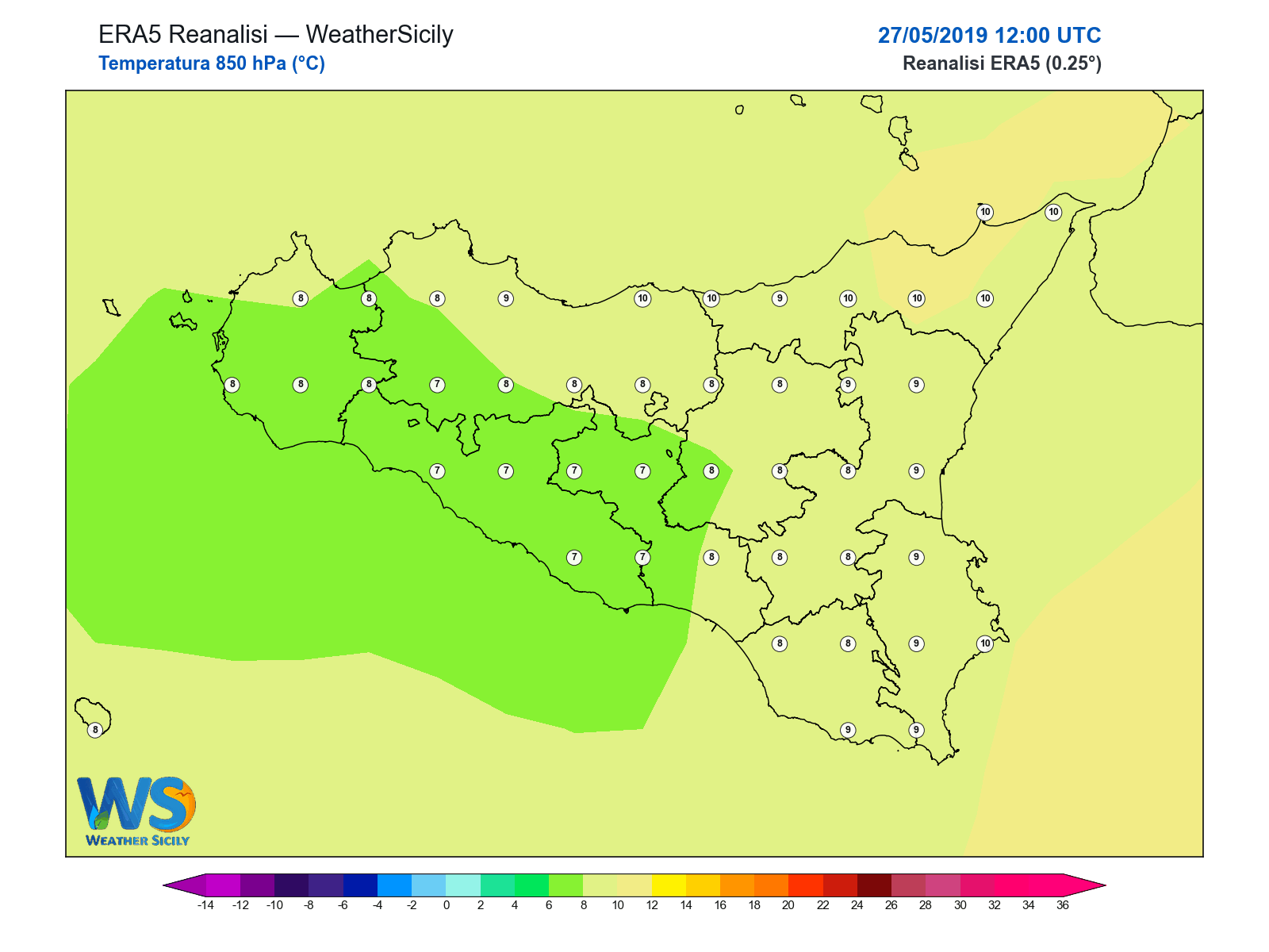 Temperatura a 850 hPa · 2019052712
