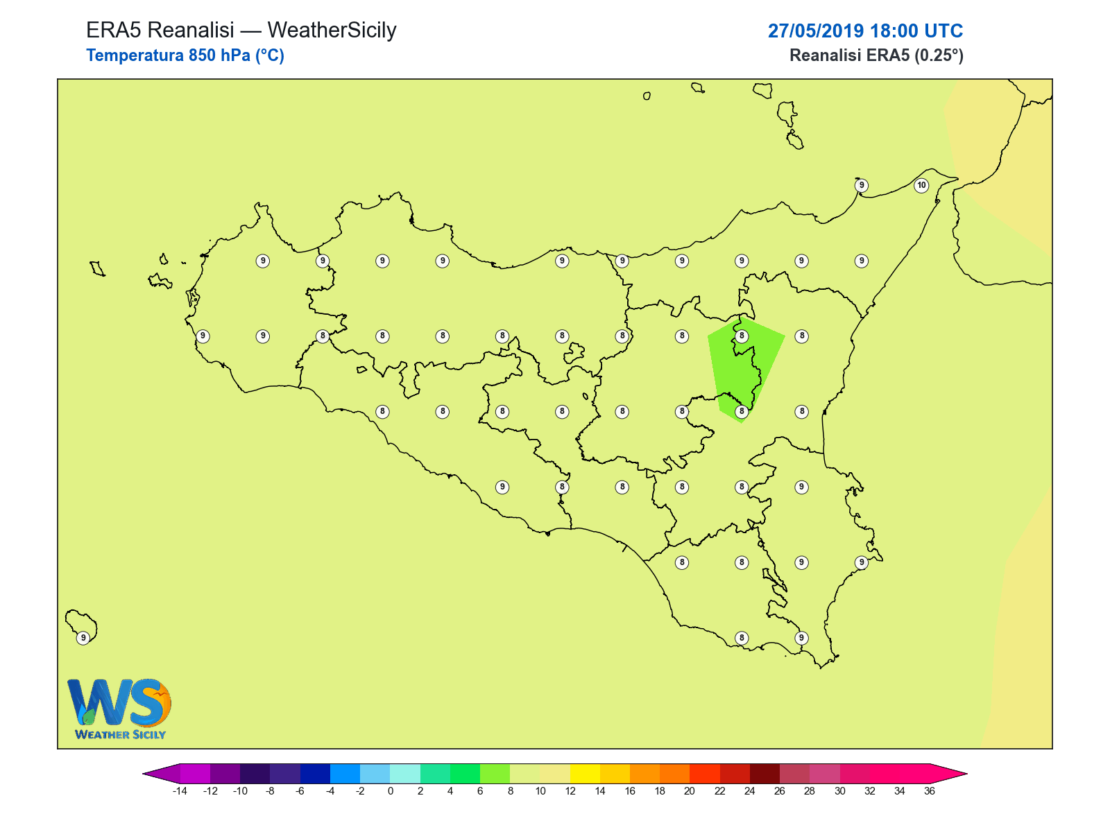 Temperatura a 850 hPa · 2019052718