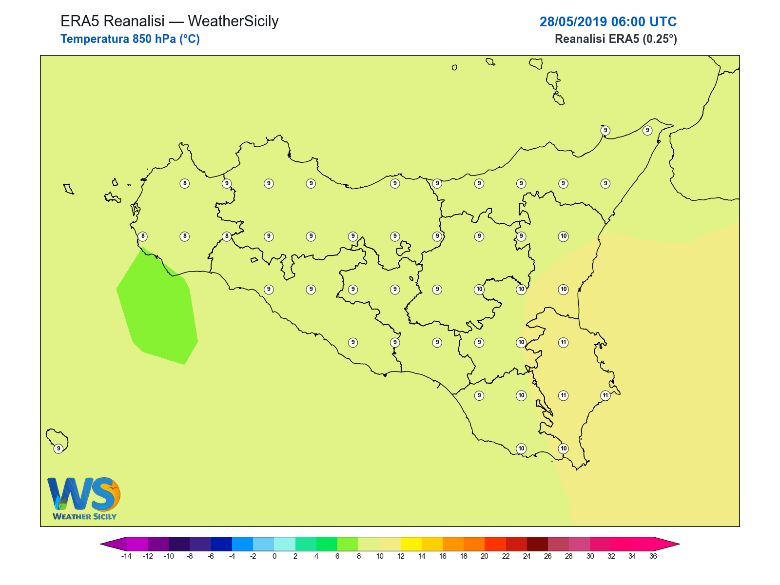 Temperatura a 850 hPa · 2019052806