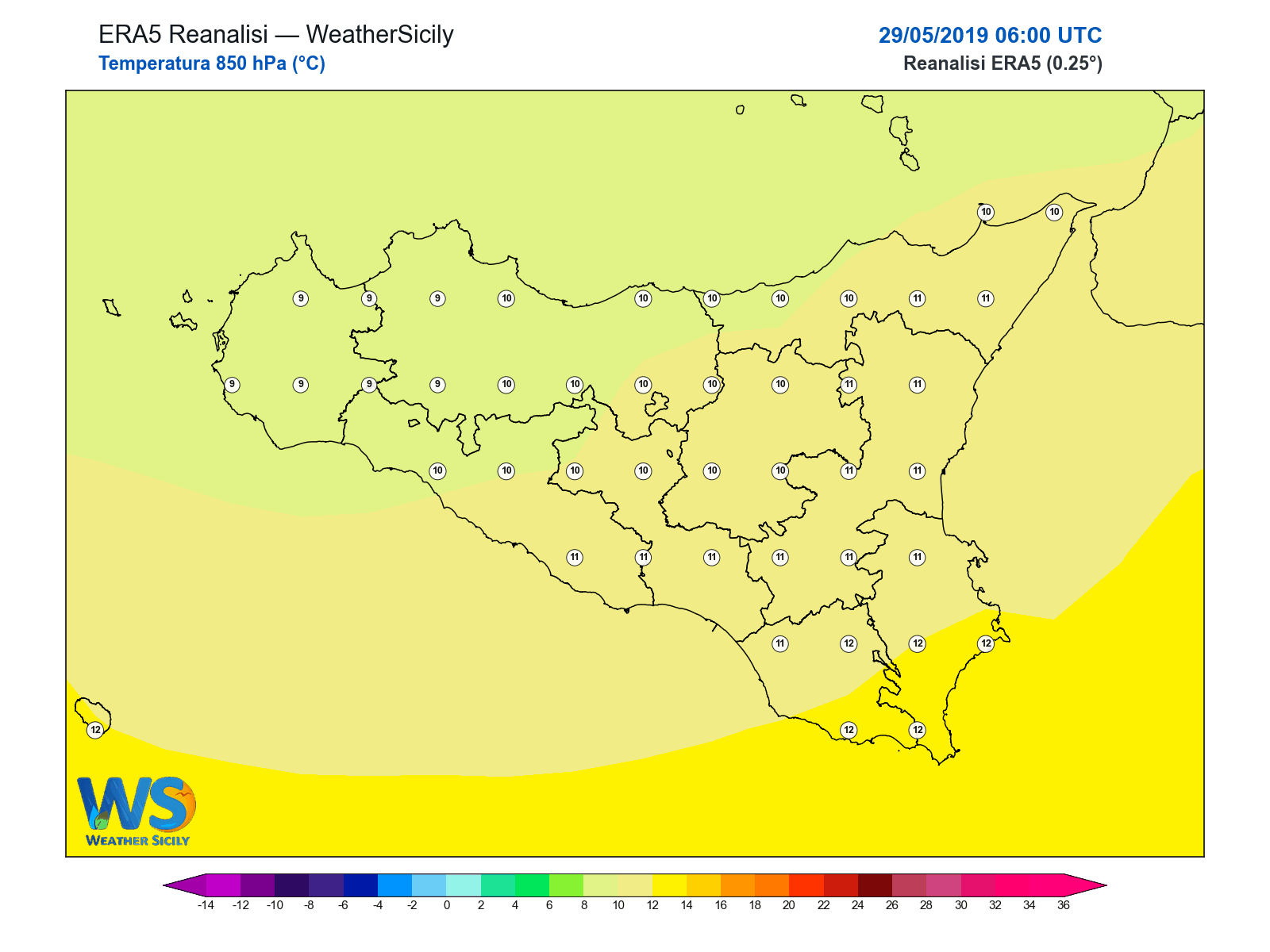 Temperatura a 850 hPa · 2019052906
