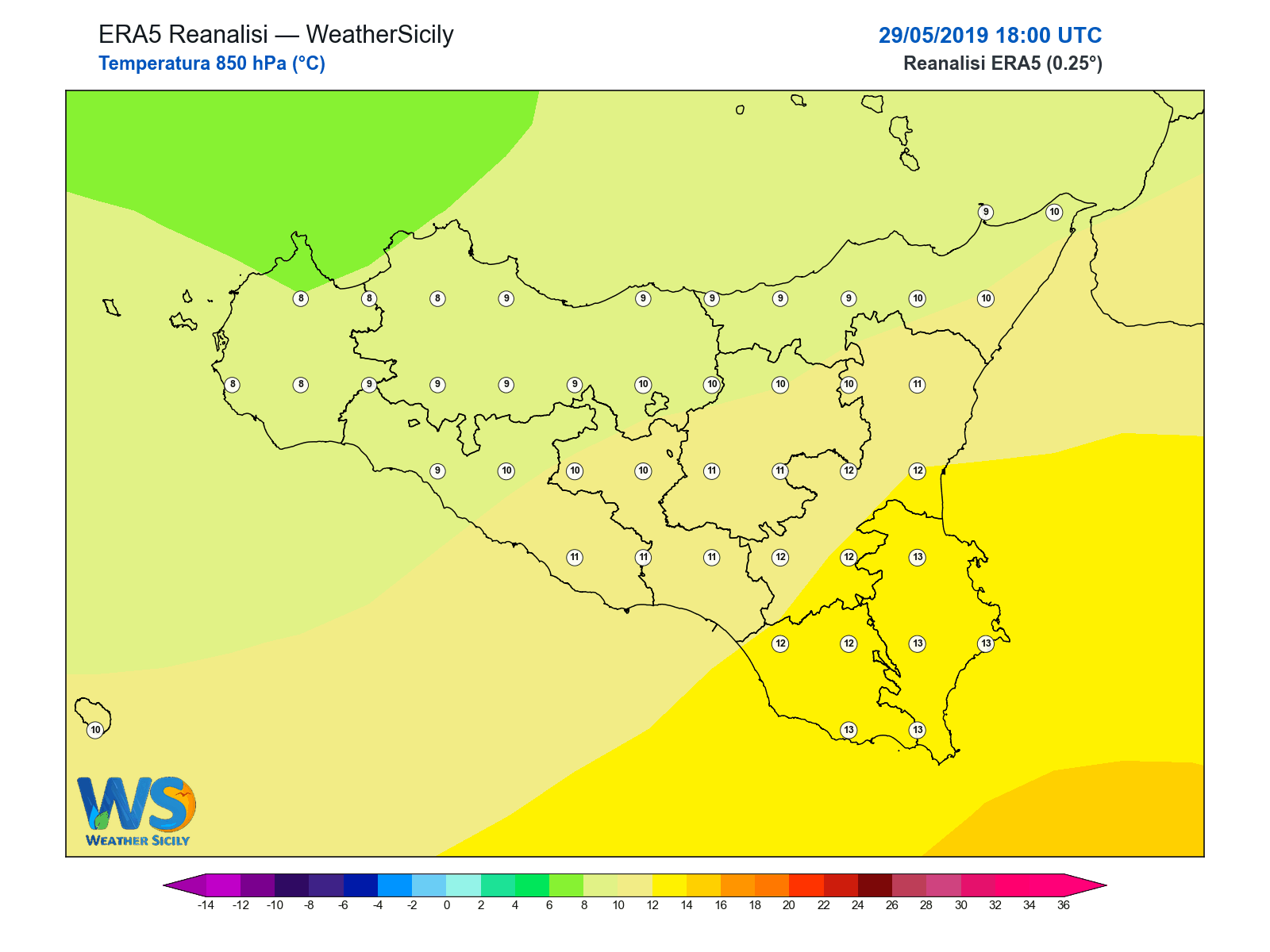 Temperatura a 850 hPa · 2019052918