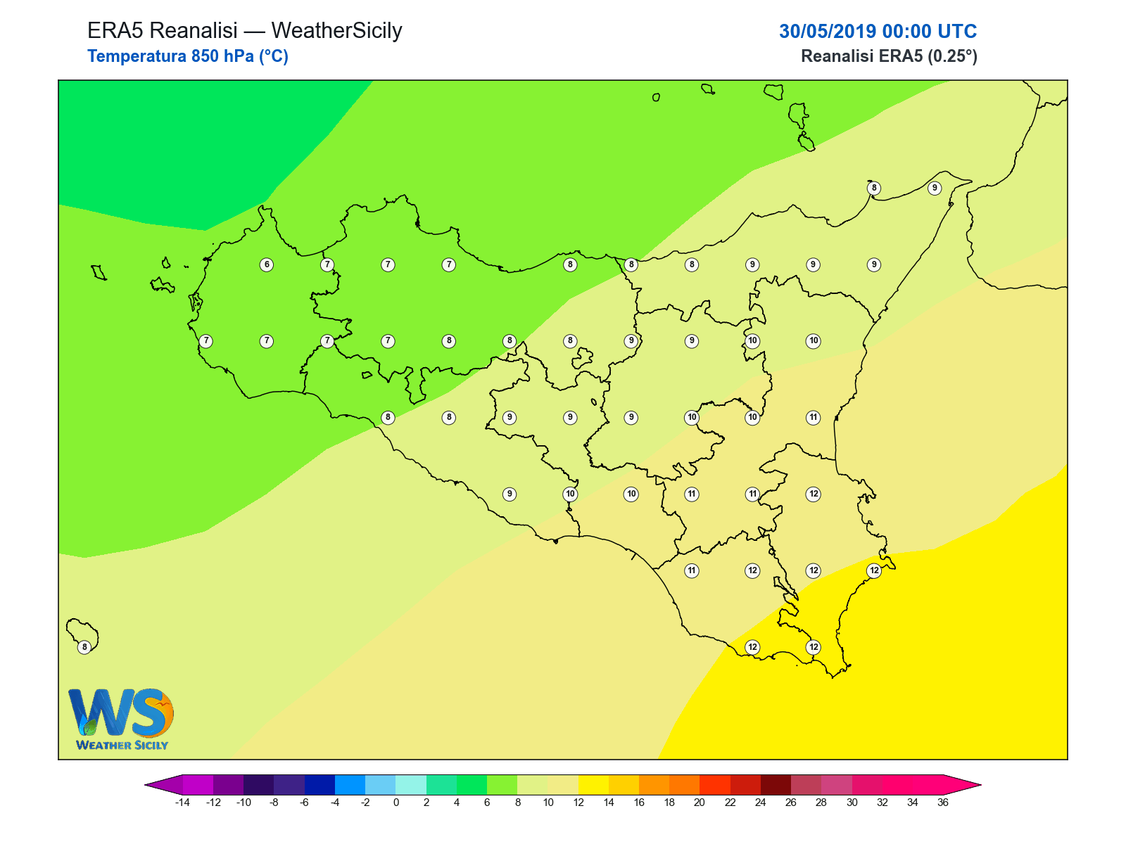 Temperatura a 850 hPa · 2019053000