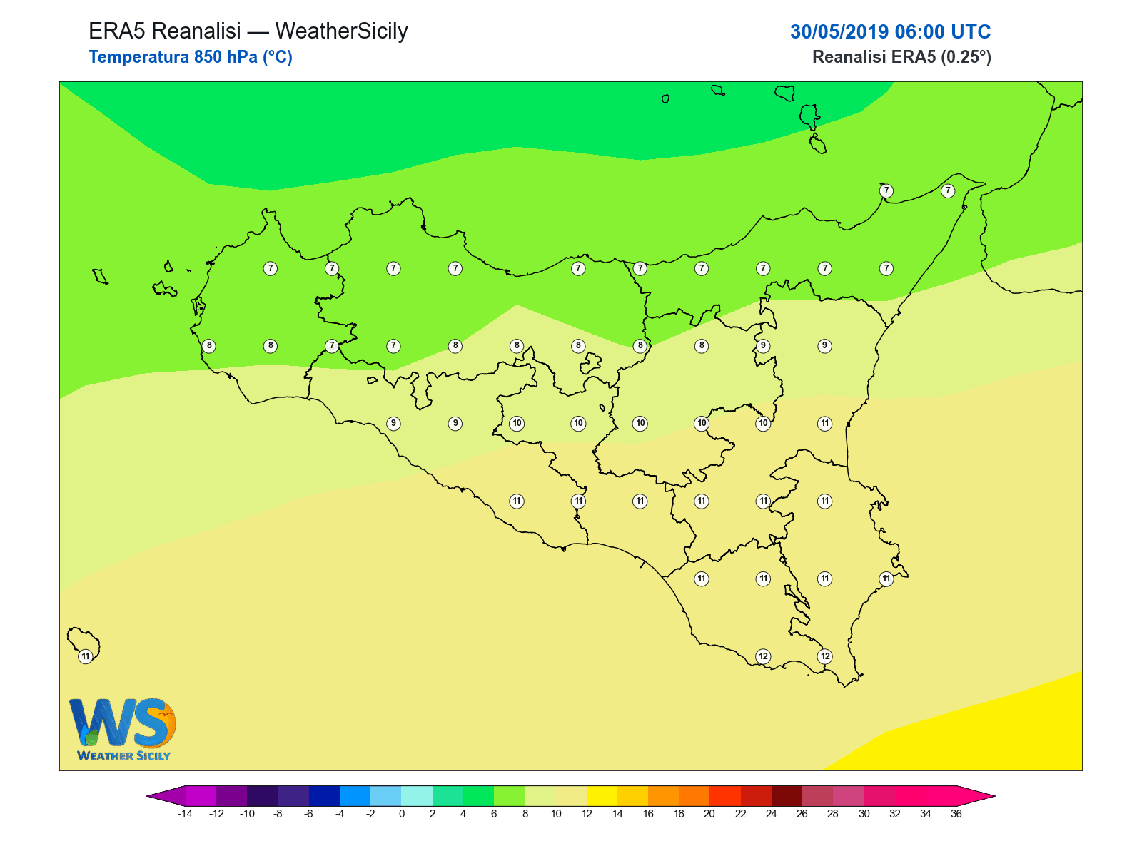 Temperatura a 850 hPa · 2019053006