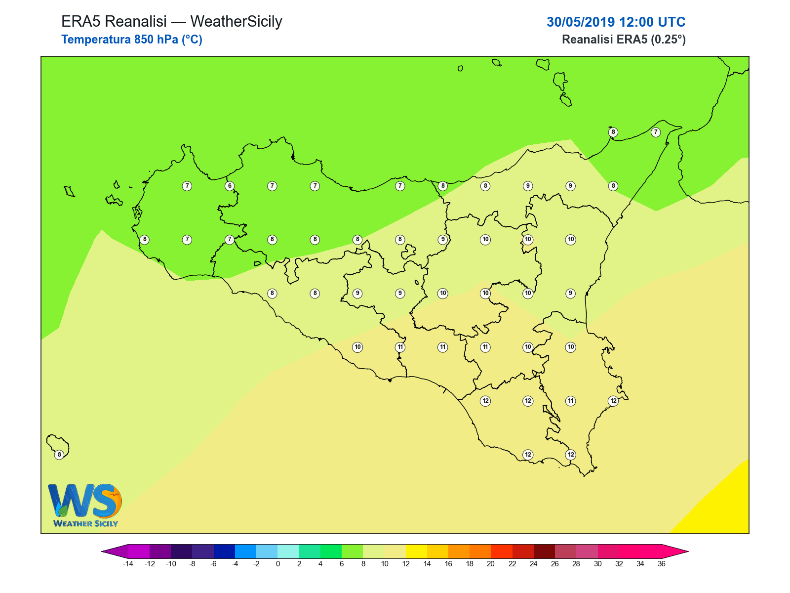 Temperatura a 850 hPa · 2019053012