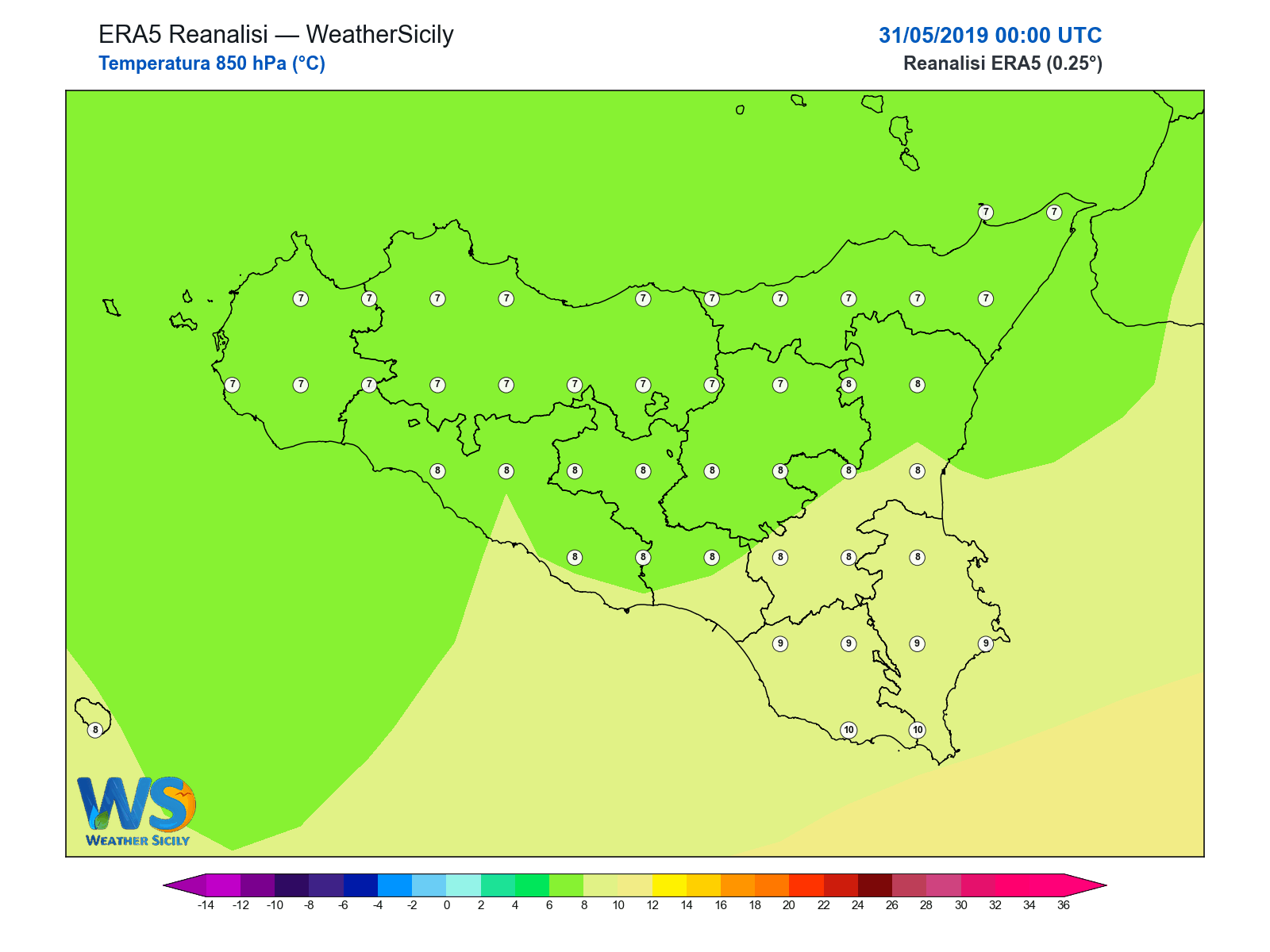 Temperatura a 850 hPa · 2019053100