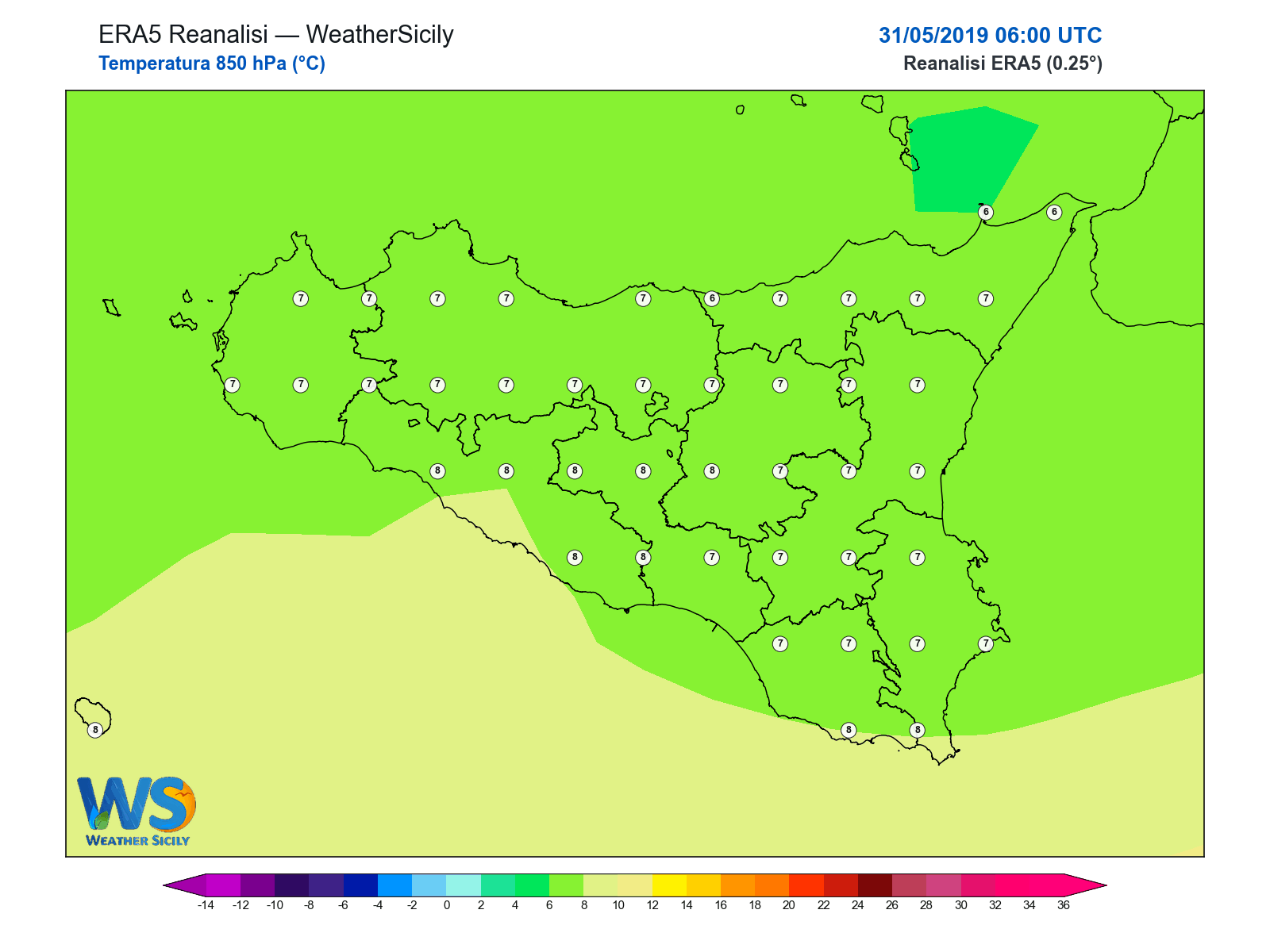 Temperatura a 850 hPa · 2019053106