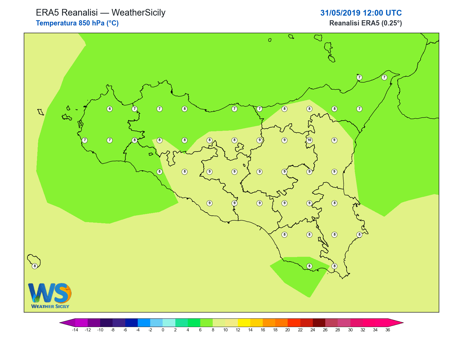 Temperatura a 850 hPa · 2019053112