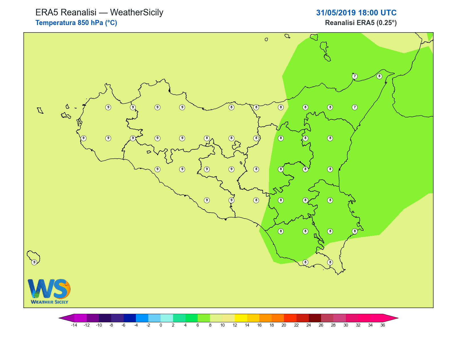 Temperatura a 850 hPa · 2019053118