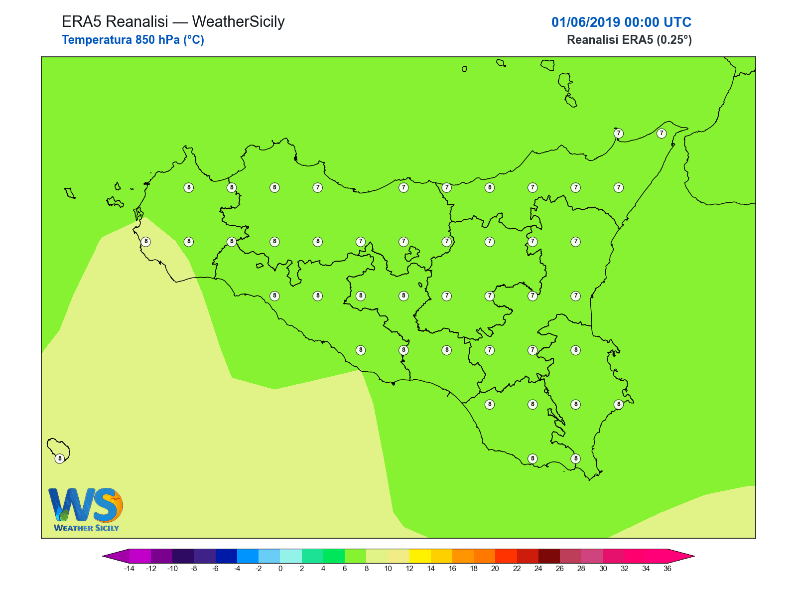 Temperatura a 850 hPa · 2019060100