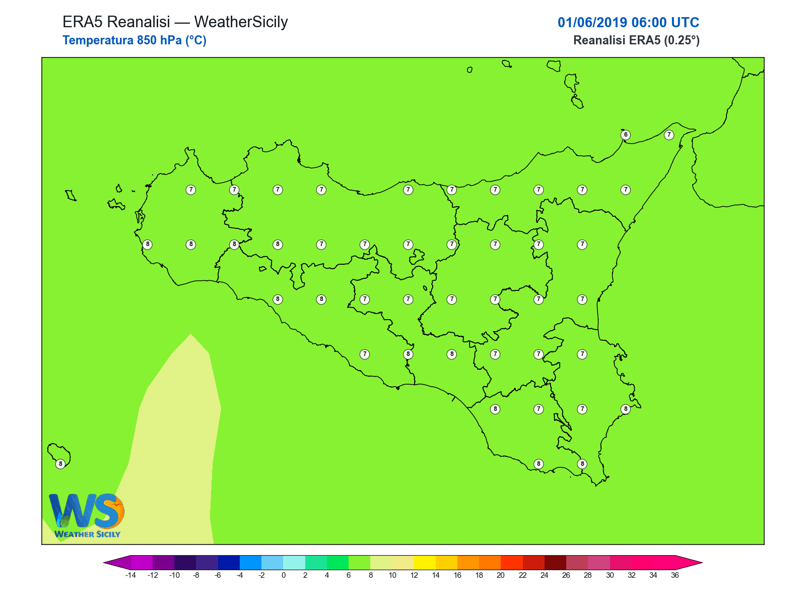 Temperatura a 850 hPa · 2019060106