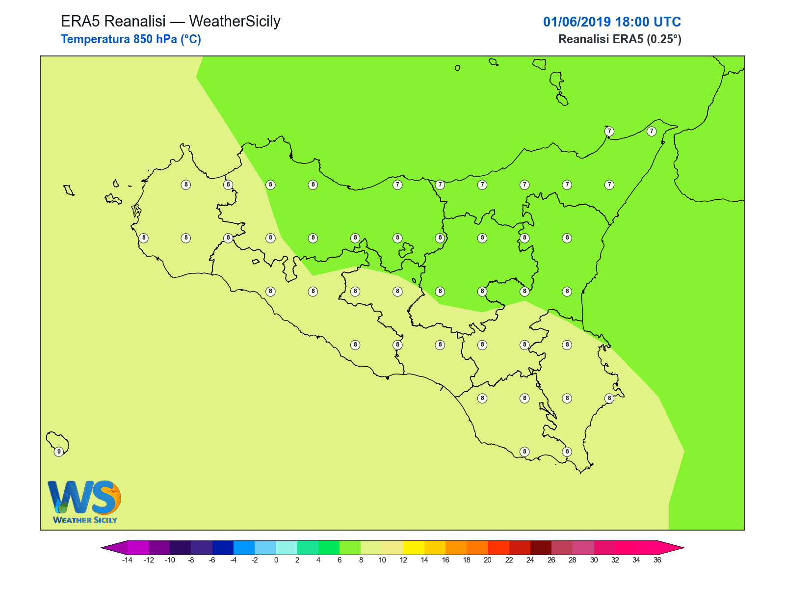 Temperatura a 850 hPa · 2019060118