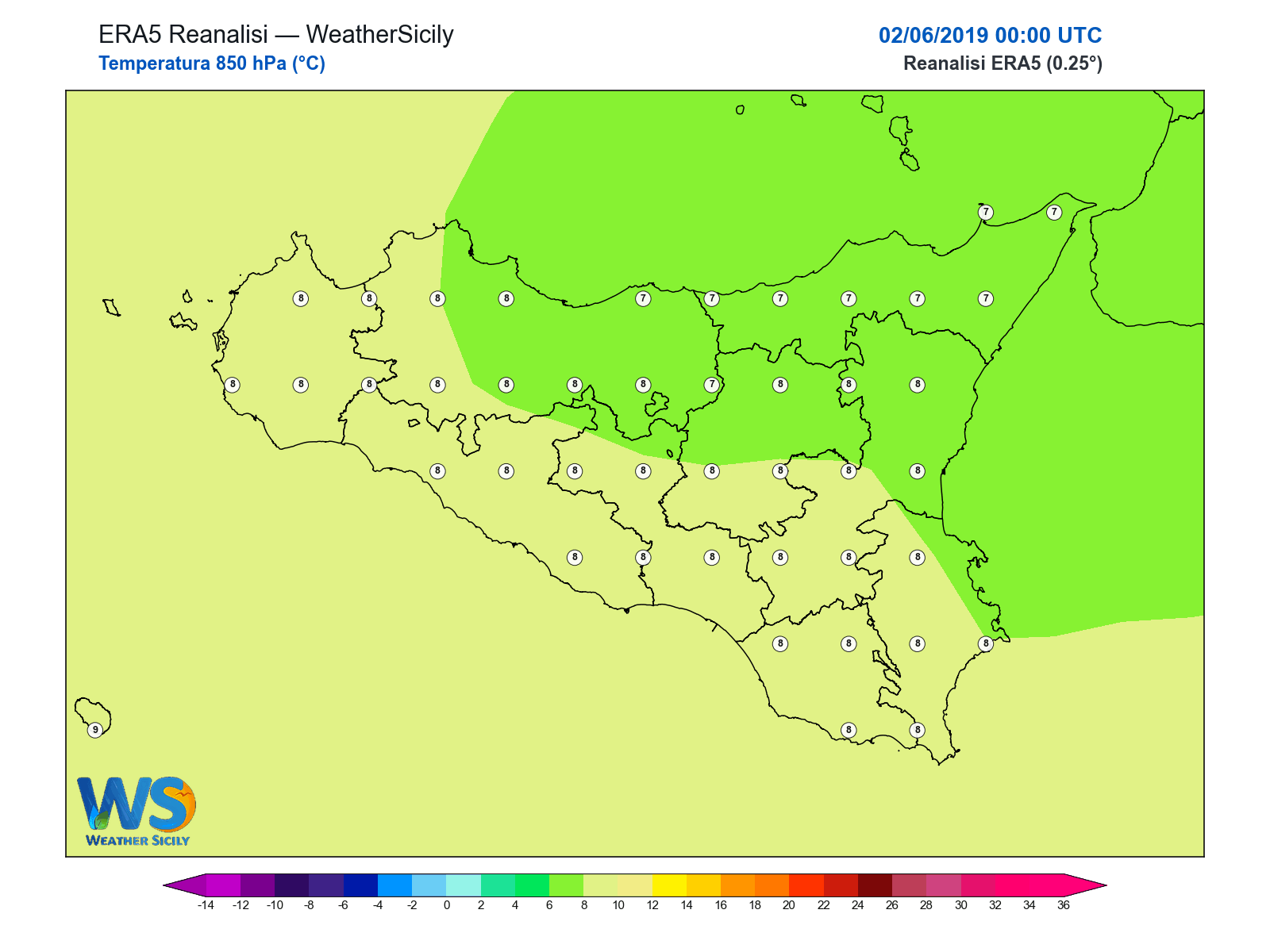 Temperatura a 850 hPa · 2019060200