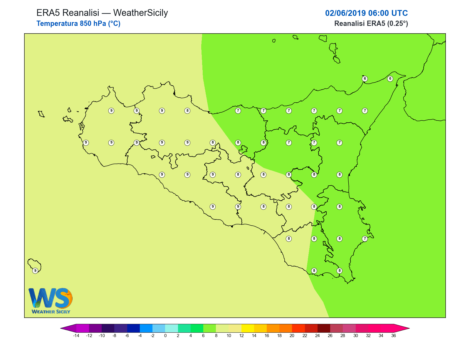 Temperatura a 850 hPa · 2019060206