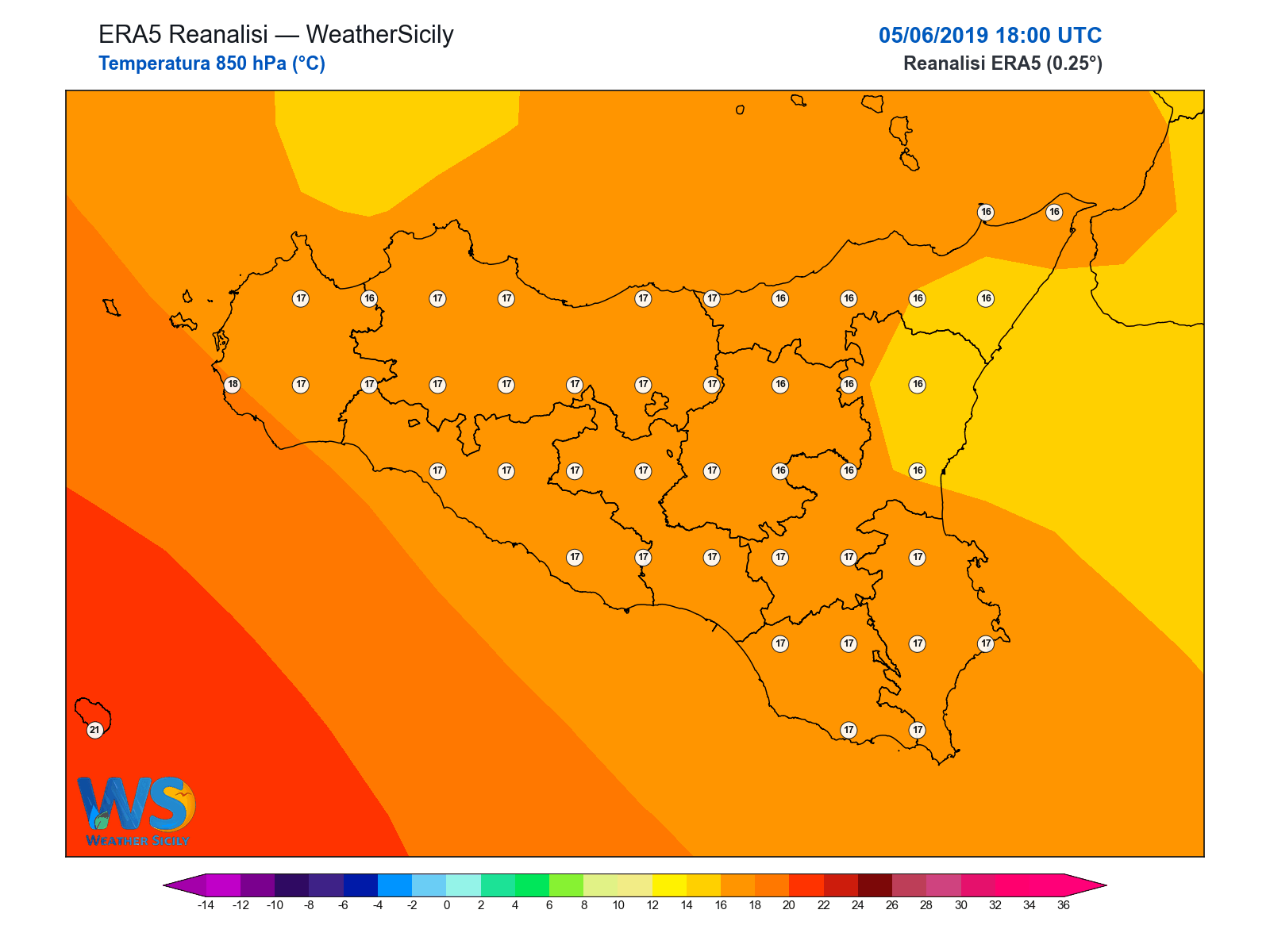 Temperatura a 850 hPa · 2019060518