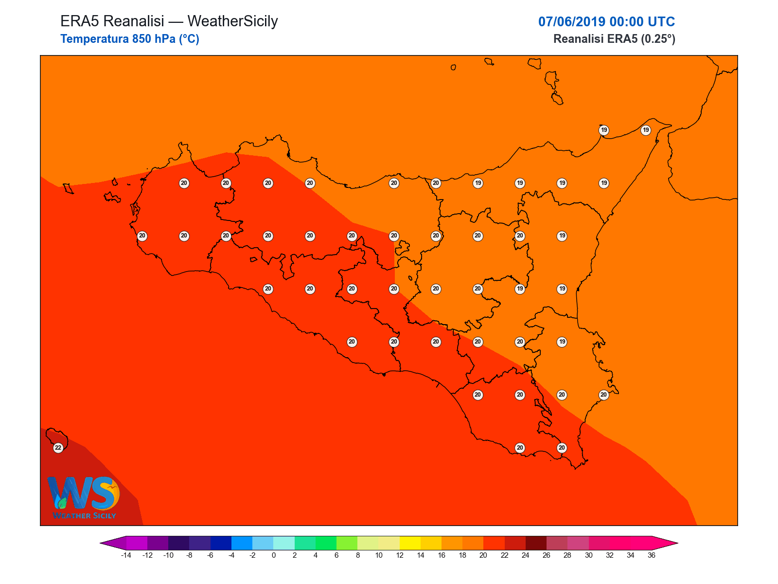 Temperatura a 850 hPa · 2019060700
