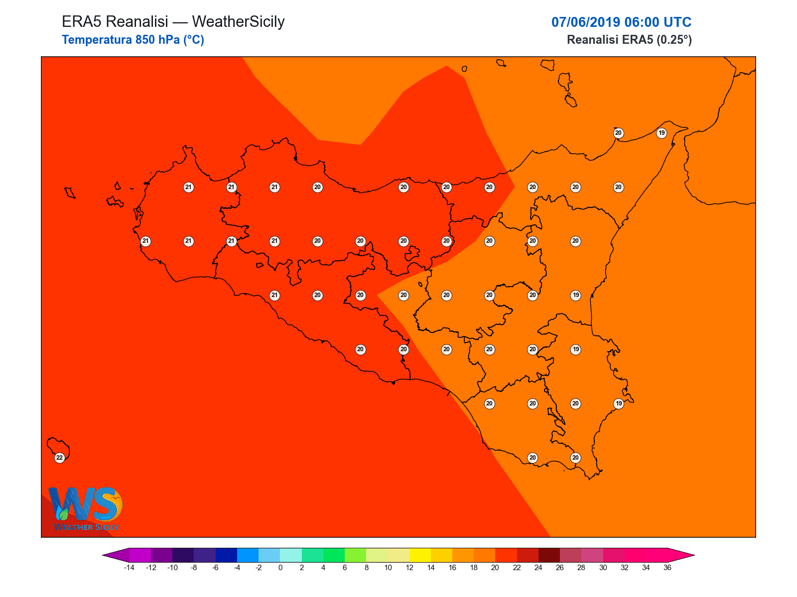 Temperatura a 850 hPa · 2019060706