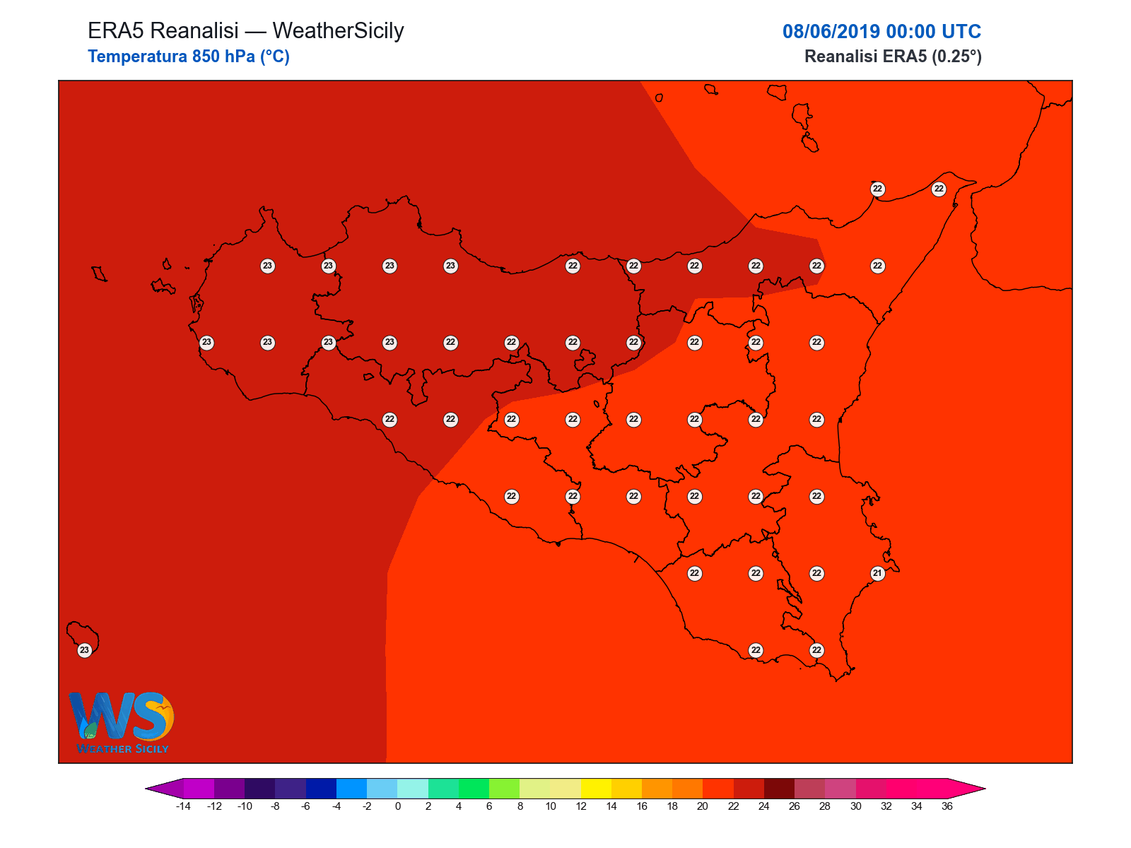 Temperatura a 850 hPa · 2019060800