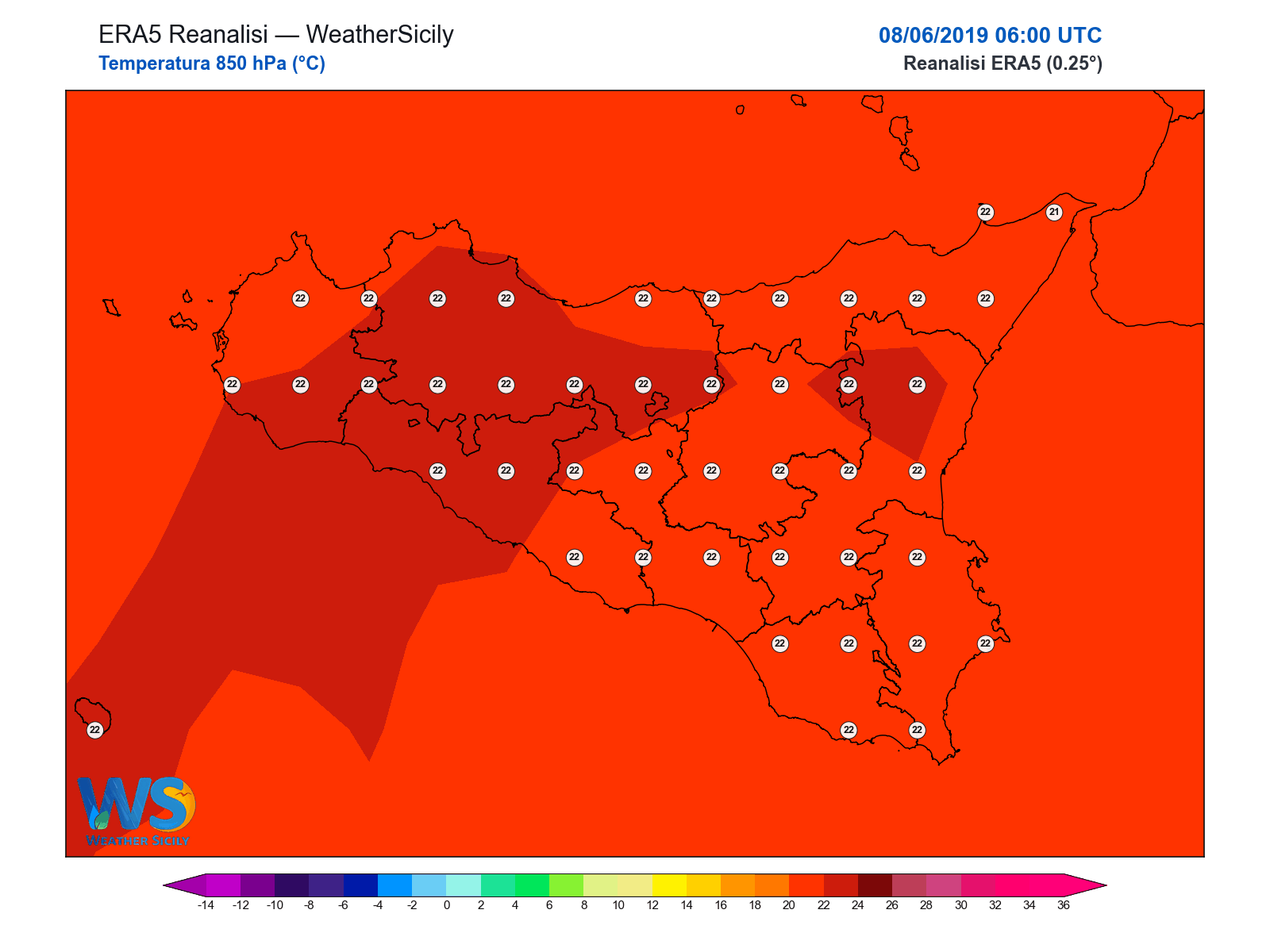 Temperatura a 850 hPa · 2019060806