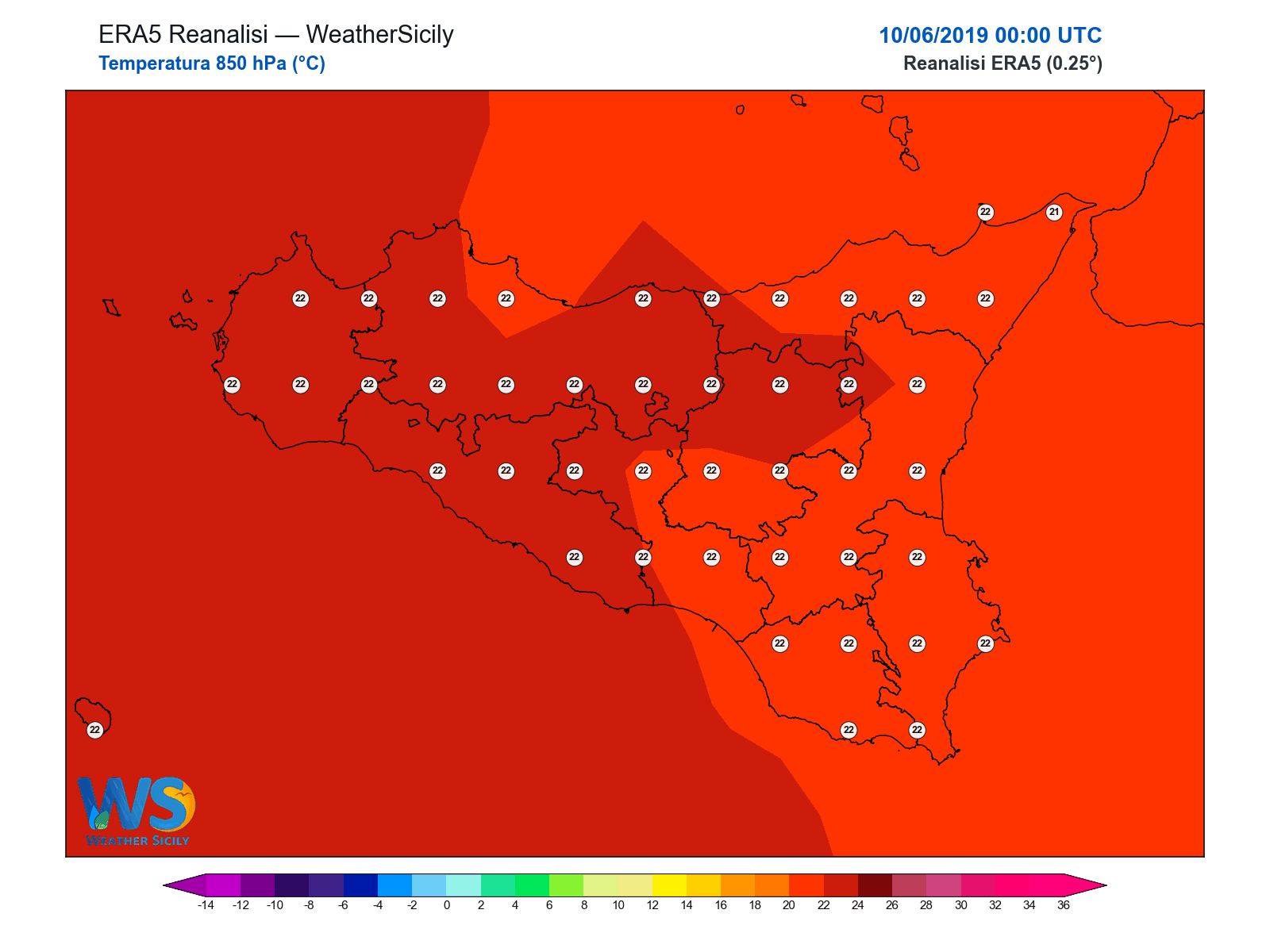 Temperatura a 850 hPa · 2019061000