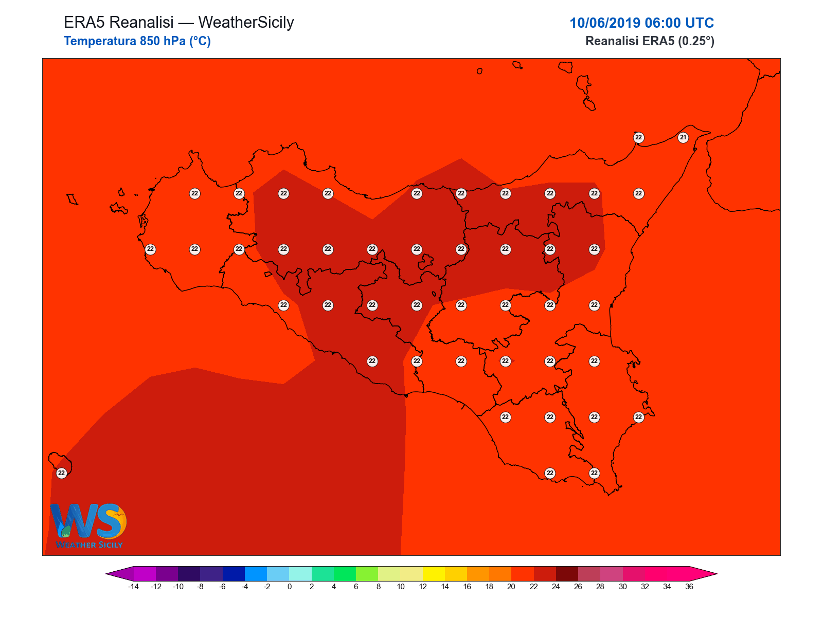 Temperatura a 850 hPa · 2019061006
