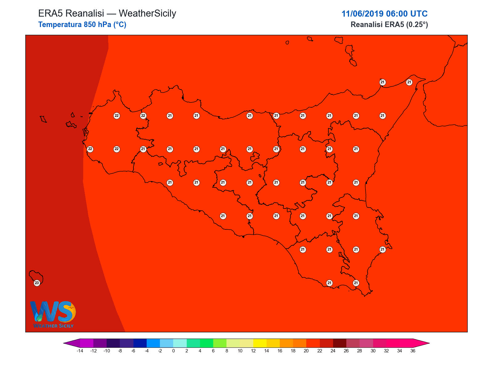 Temperatura a 850 hPa · 2019061106