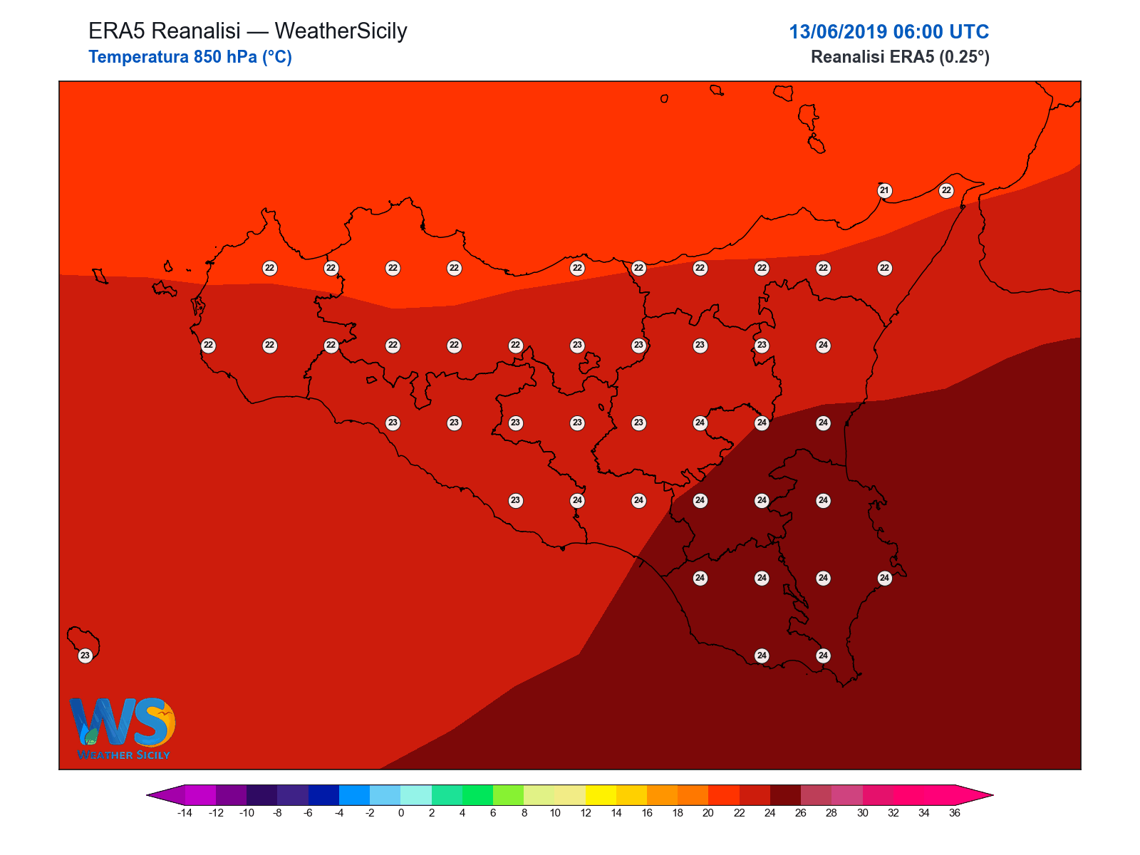 Temperatura a 850 hPa · 2019061306
