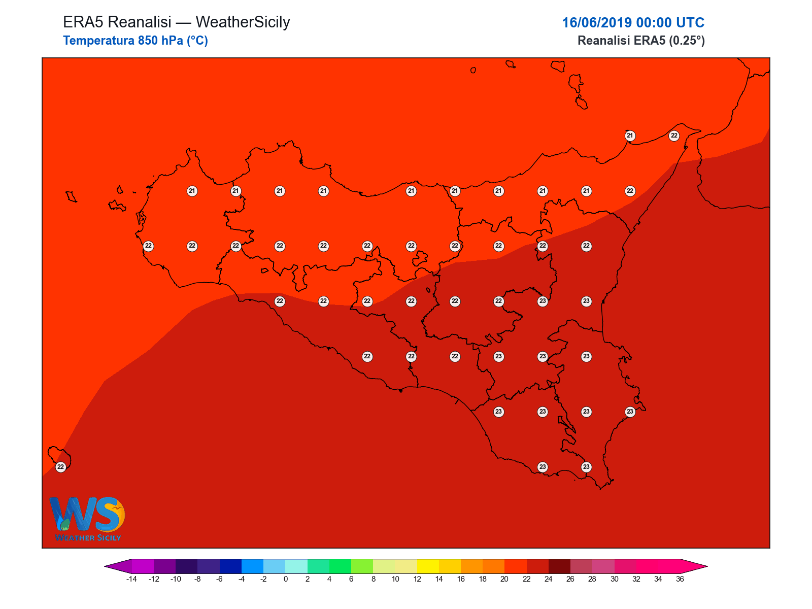Temperatura a 850 hPa · 2019061600