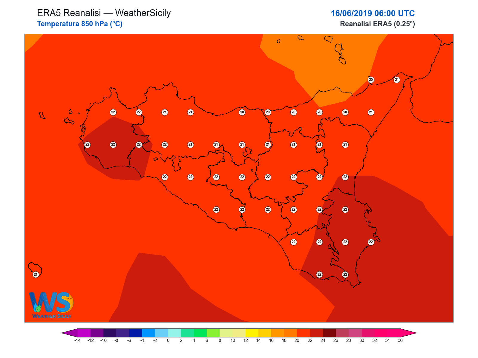 Temperatura a 850 hPa · 2019061606