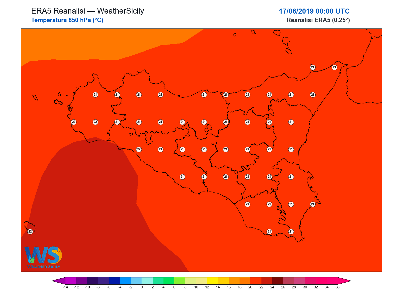 Temperatura a 850 hPa · 2019061700