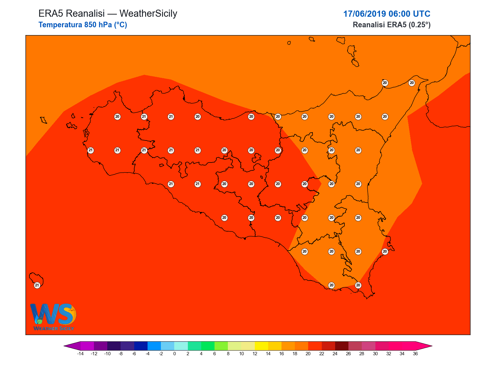 Temperatura a 850 hPa · 2019061706