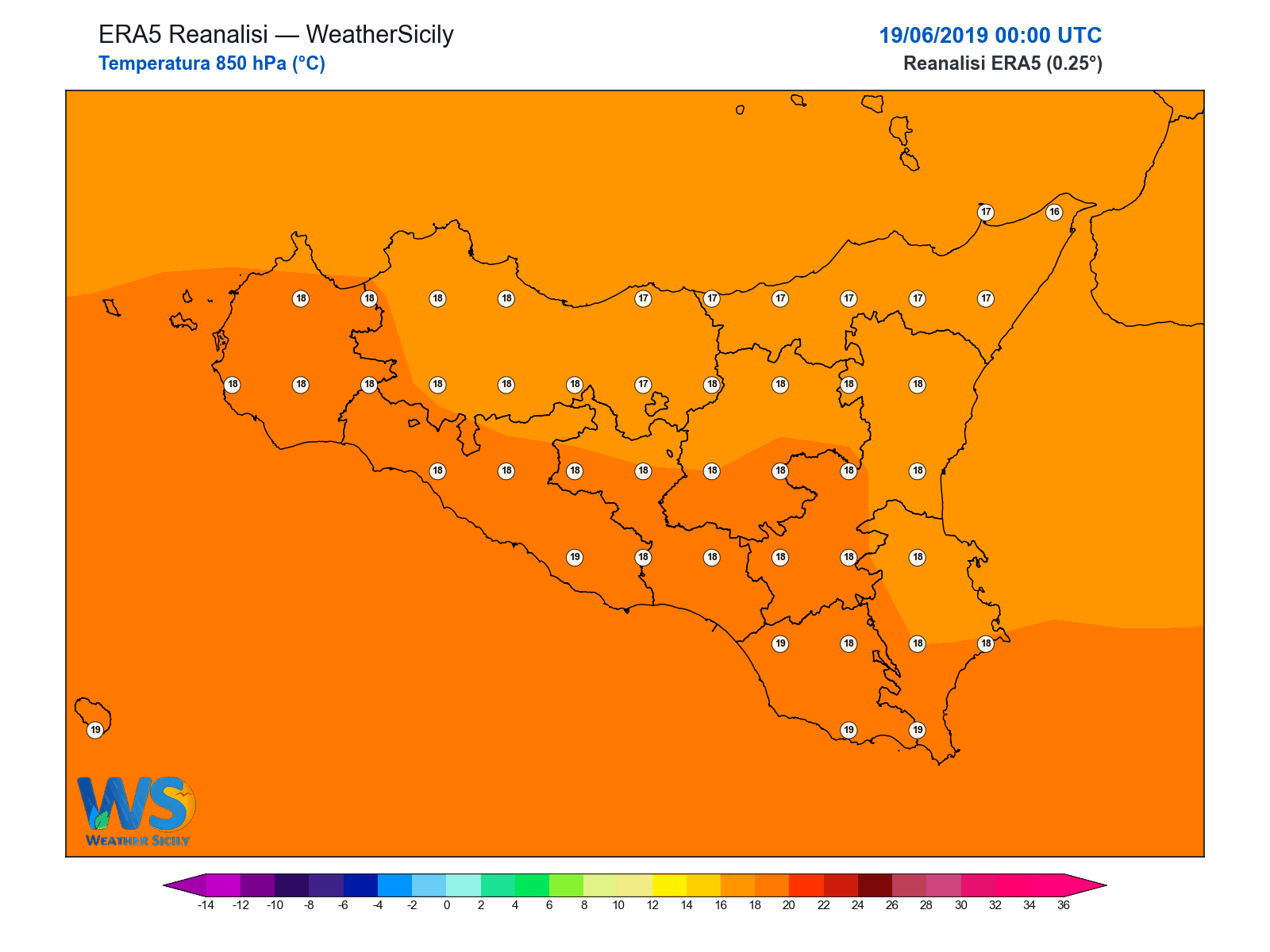 Temperatura a 850 hPa · 2019061900