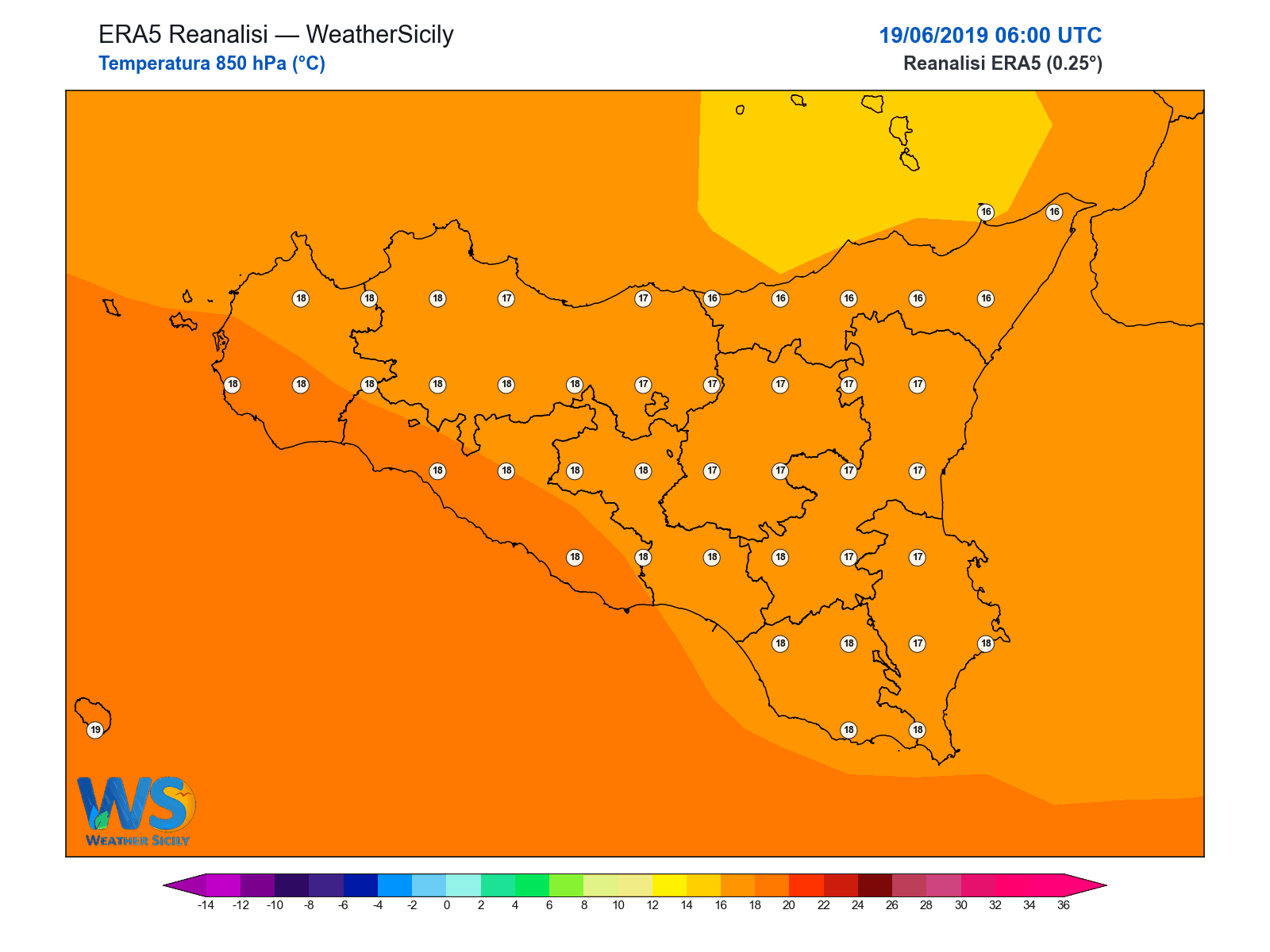 Temperatura a 850 hPa · 2019061906