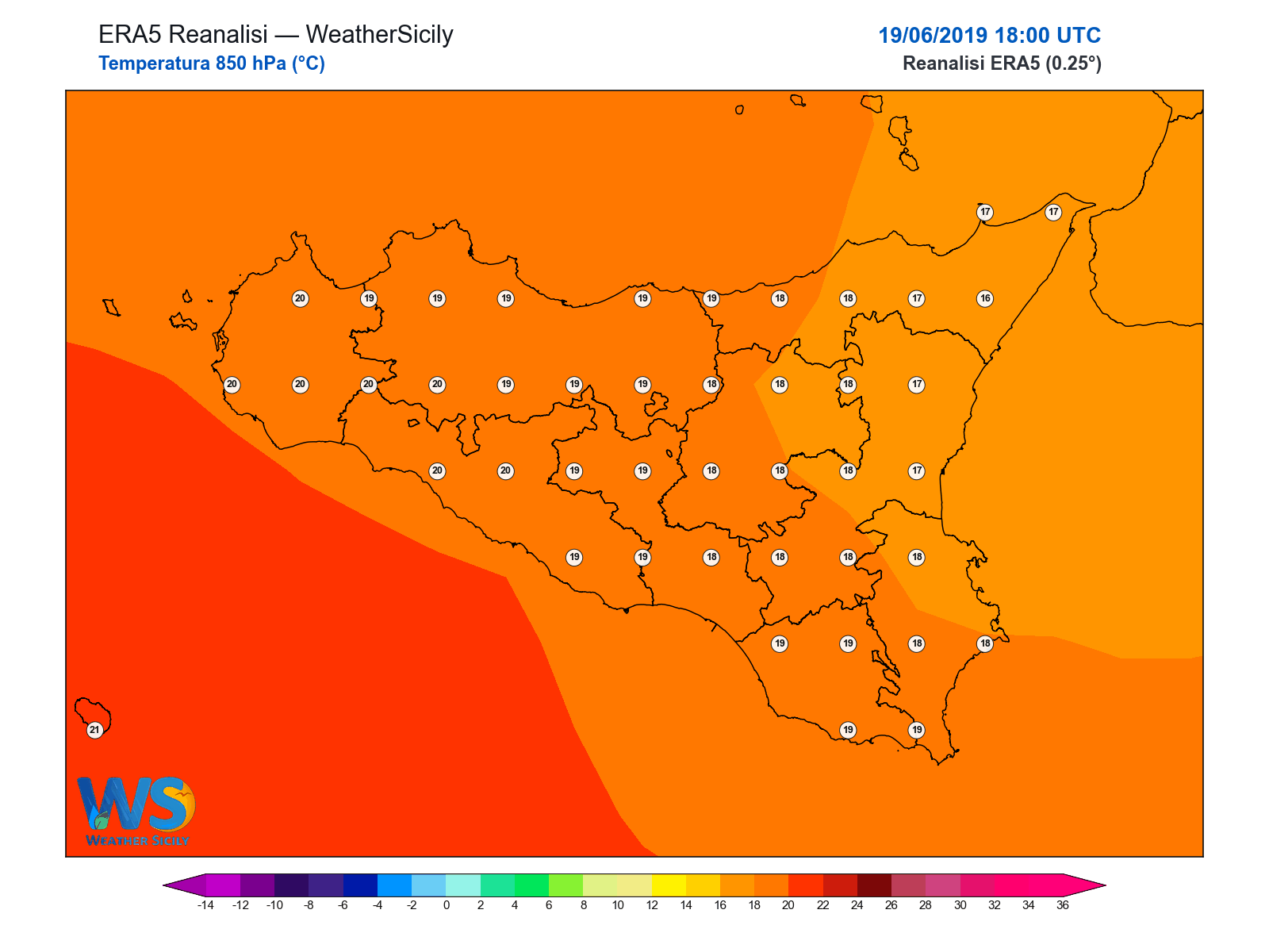 Temperatura a 850 hPa · 2019061918