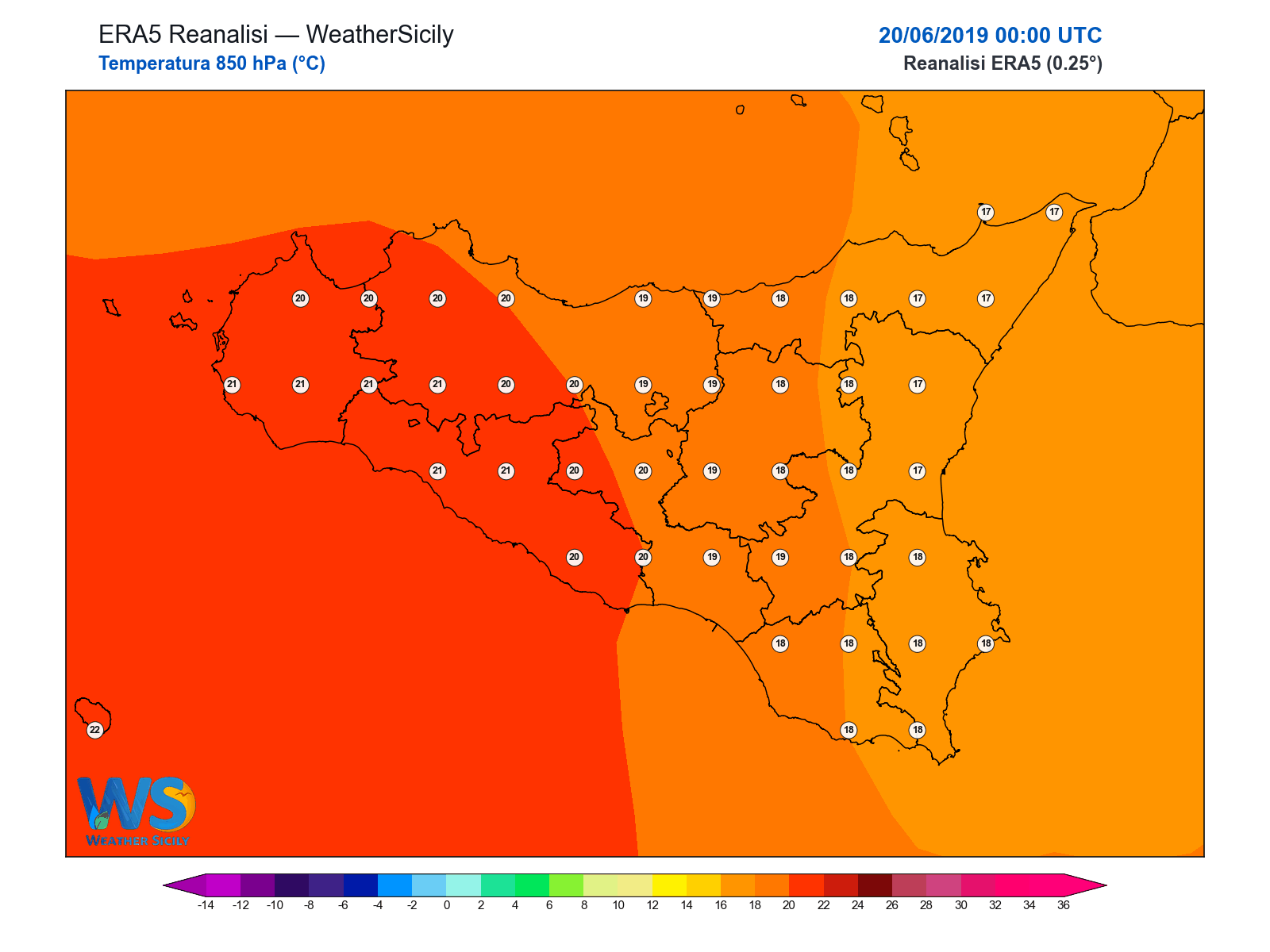 Temperatura a 850 hPa · 2019062000