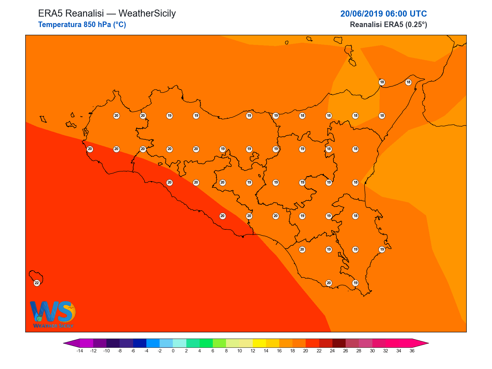 Temperatura a 850 hPa · 2019062006