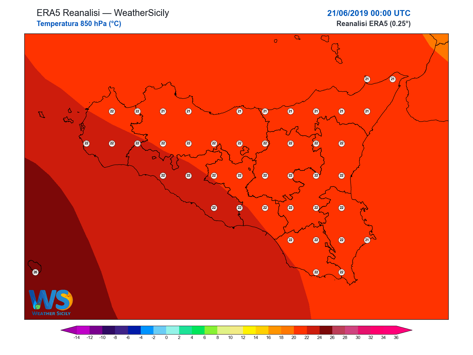 Temperatura a 850 hPa · 2019062100