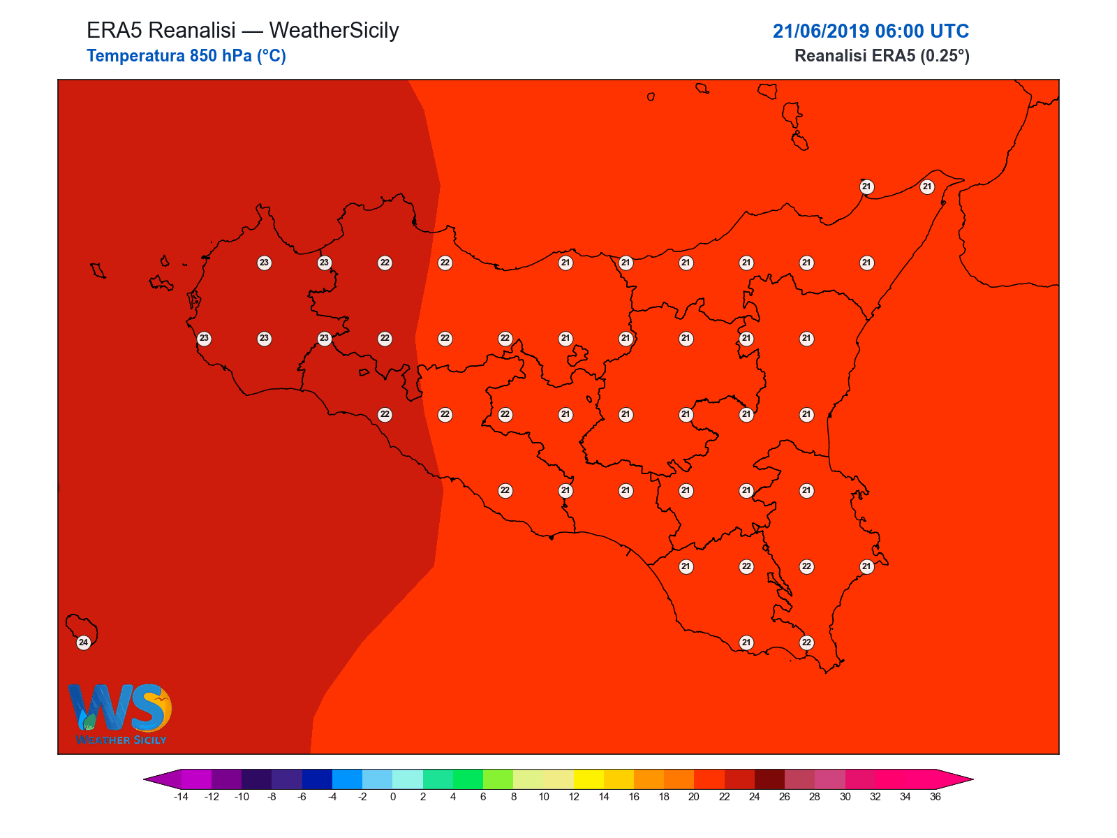Temperatura a 850 hPa · 2019062106