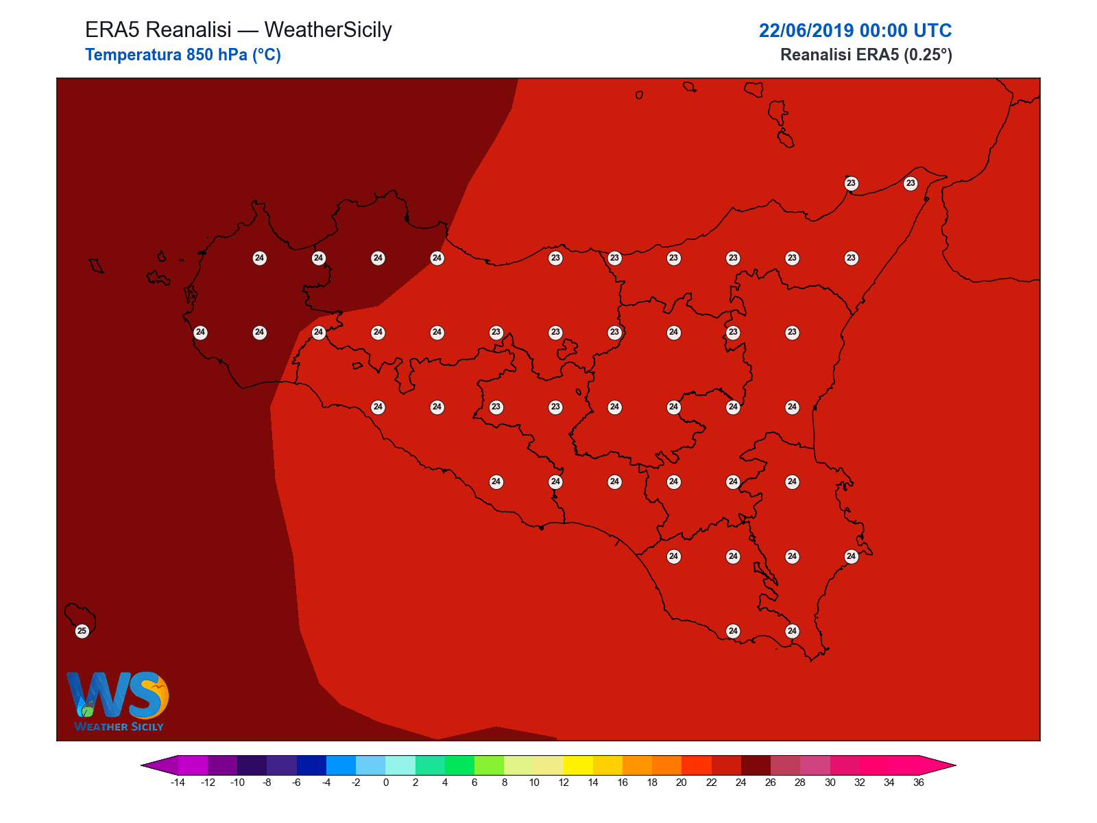 Temperatura a 850 hPa · 2019062200