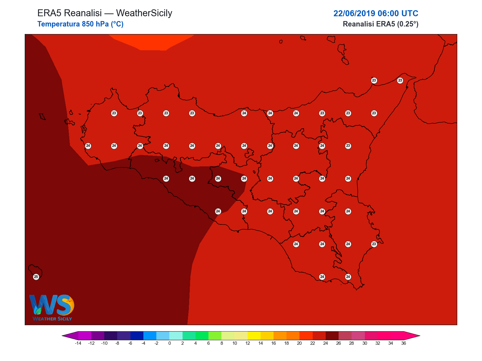 Temperatura a 850 hPa · 2019062206