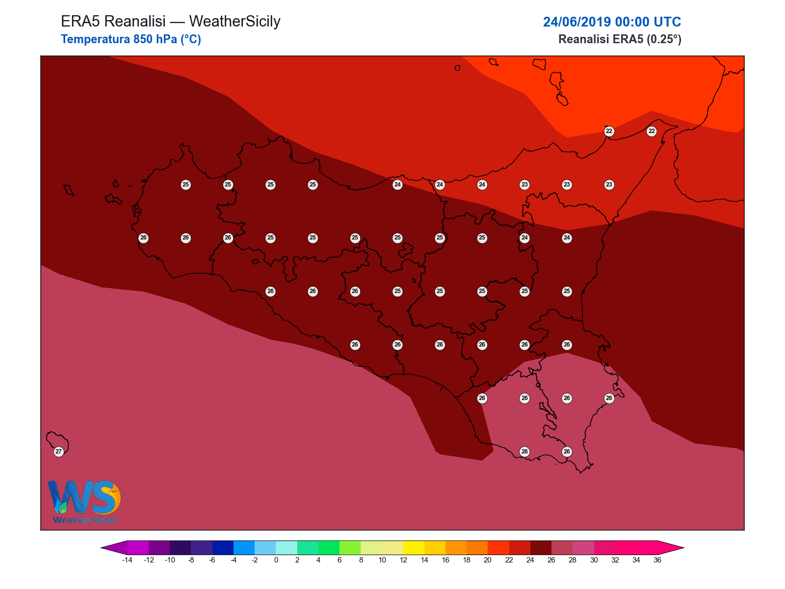 Temperatura a 850 hPa · 2019062400