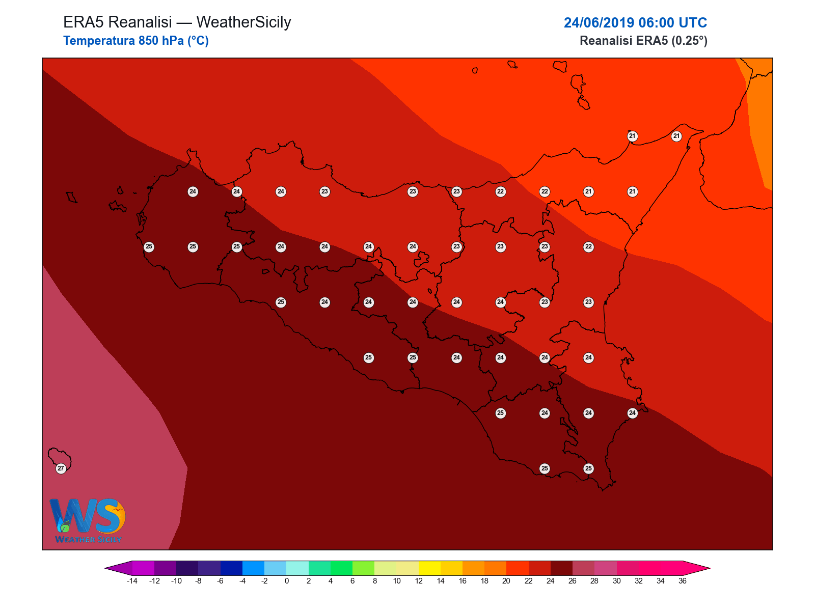 Temperatura a 850 hPa · 2019062406