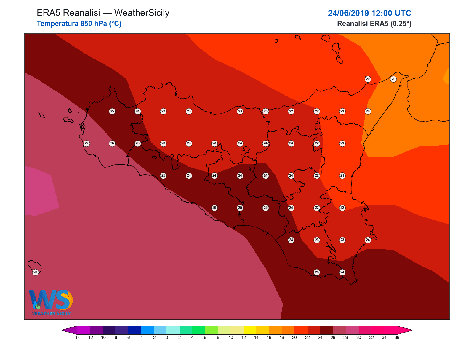 Temperatura a 850 hPa · 2019062412