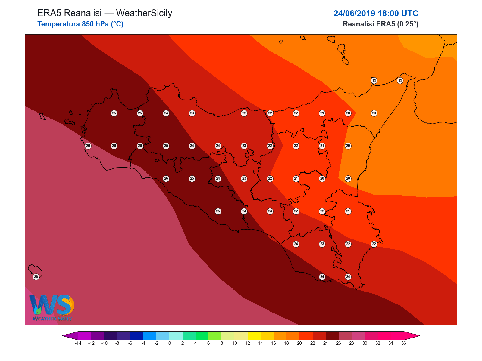 Temperatura a 850 hPa · 2019062418