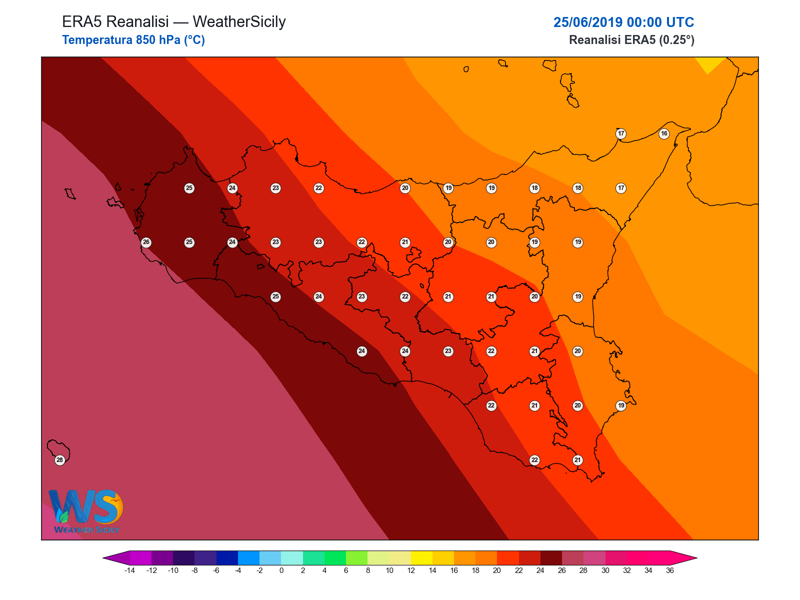 Temperatura a 850 hPa · 2019062500