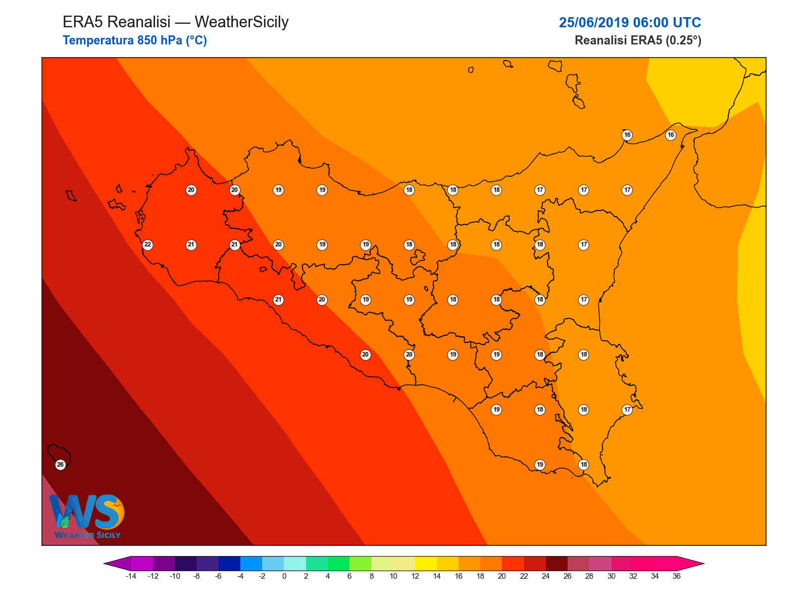 Temperatura a 850 hPa · 2019062506