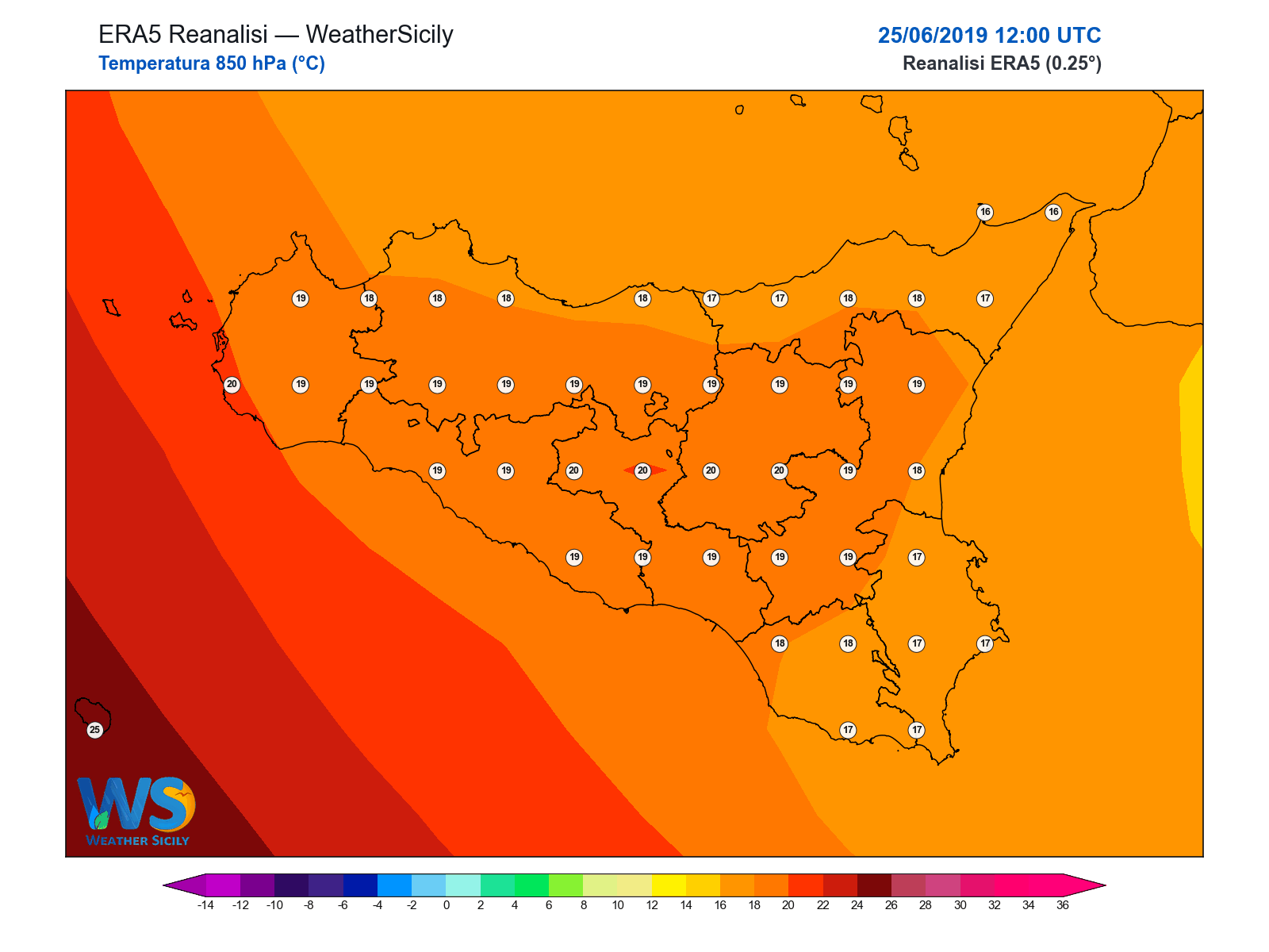 Temperatura a 850 hPa · 2019062512