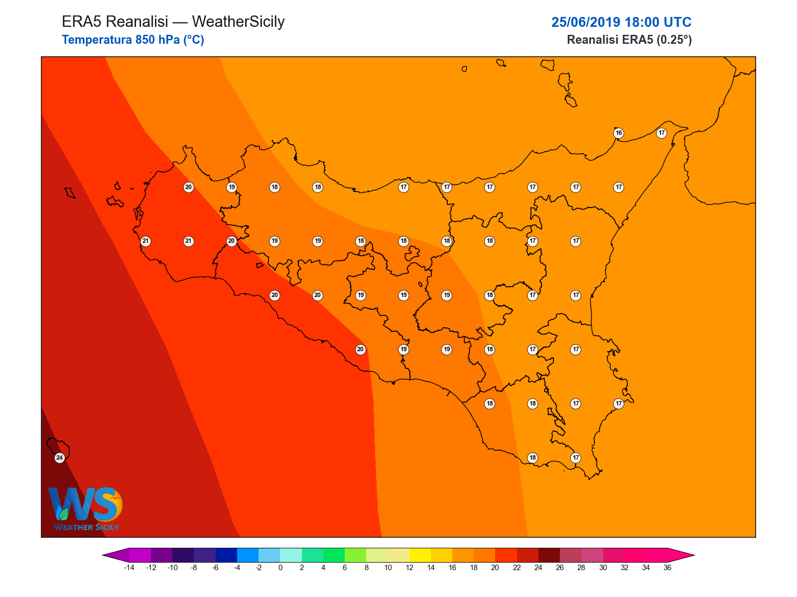Temperatura a 850 hPa · 2019062518