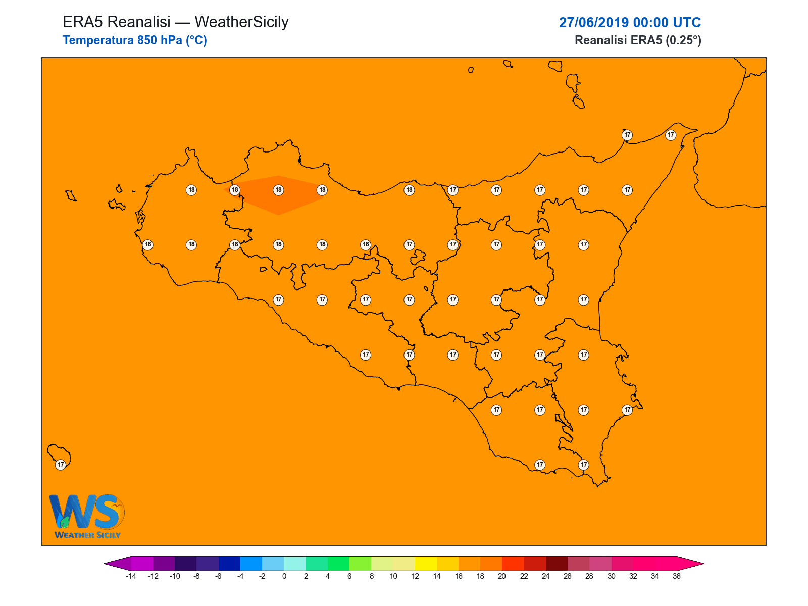 Temperatura a 850 hPa · 2019062700